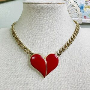 Les Bernard Red Heart Choker Necklace Gold Curb Chain Vintage 1980’s 15 Inch